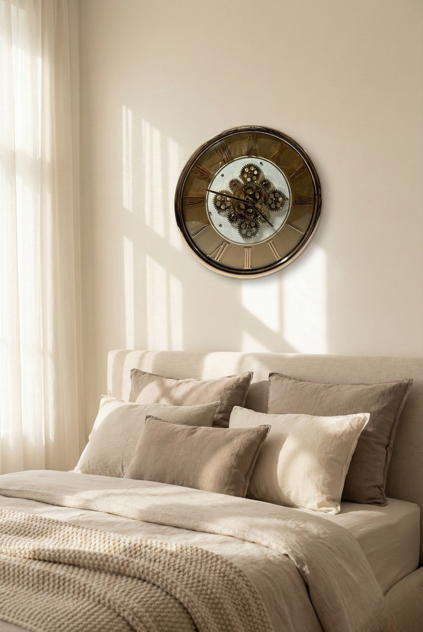 Beige bedroom with a large decorative clock on the wall above a bed.