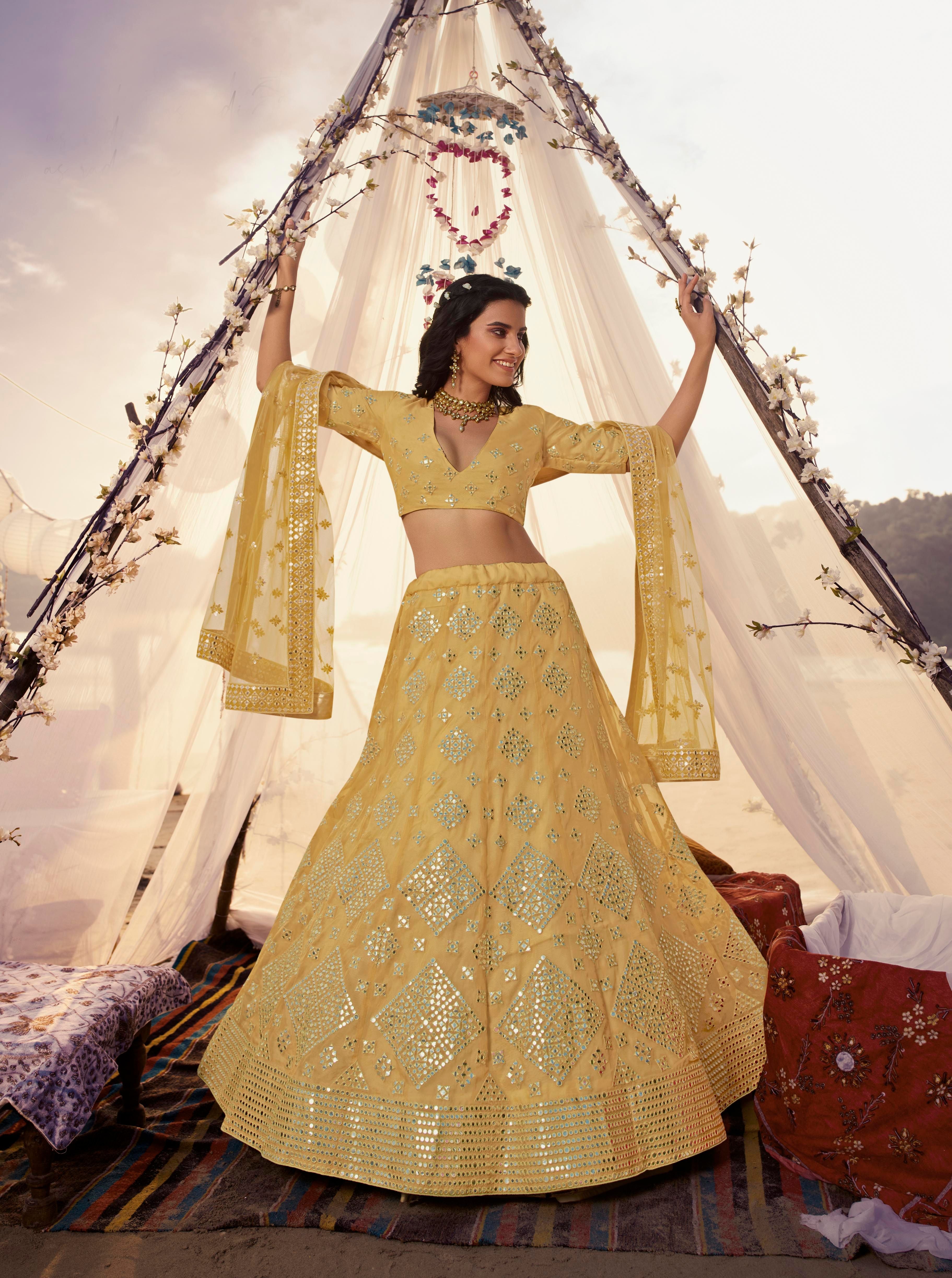 Mustard Yellow Color Mirror Work Heavy Embroidered Organza Semi-Stitched Lehenga Choli - FunkyTradition