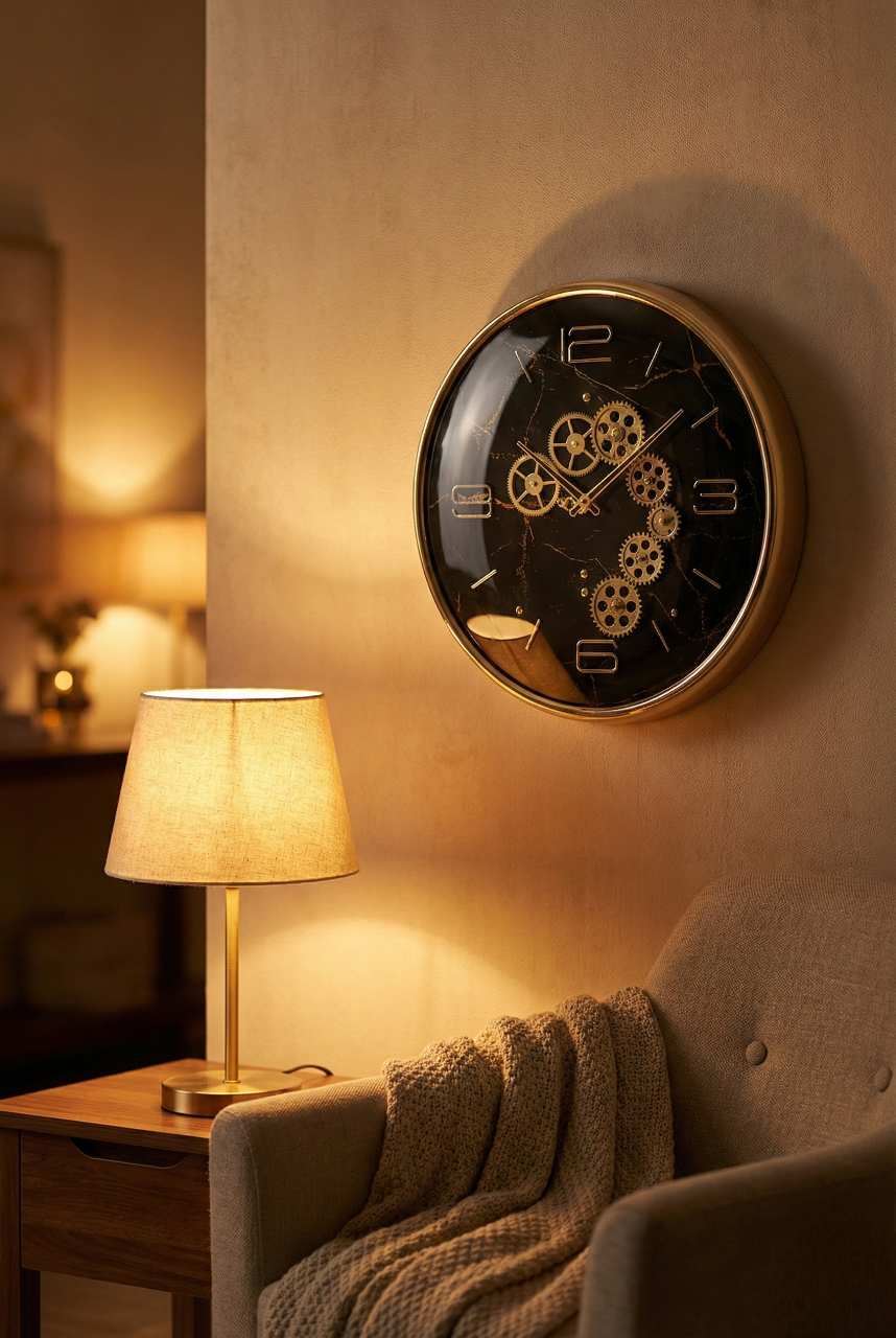 Black Decorative wall clock with gear design on a beige wall next to a lamp and chair.