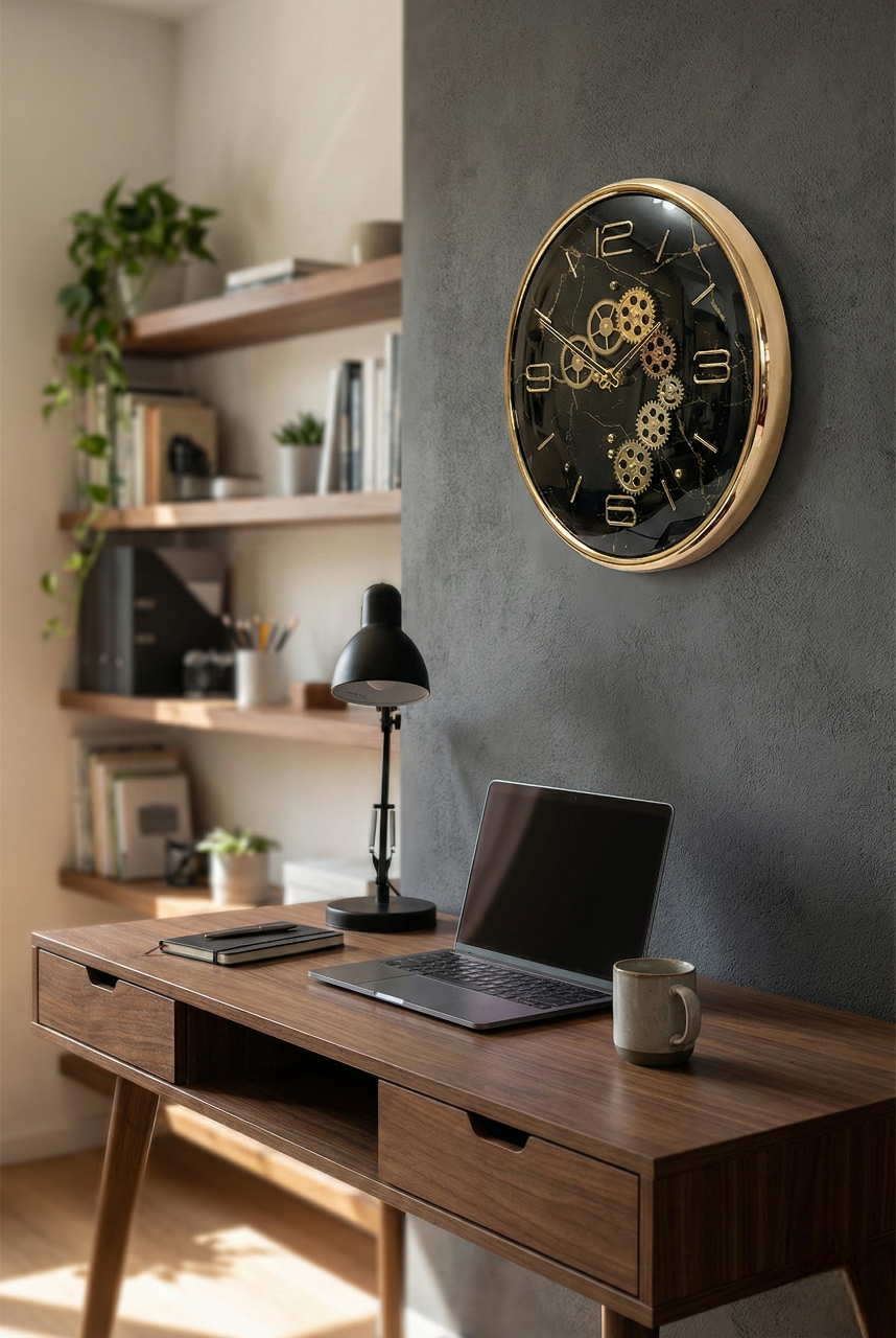 Black Decorative wall clock with gear design on a textured beige wall