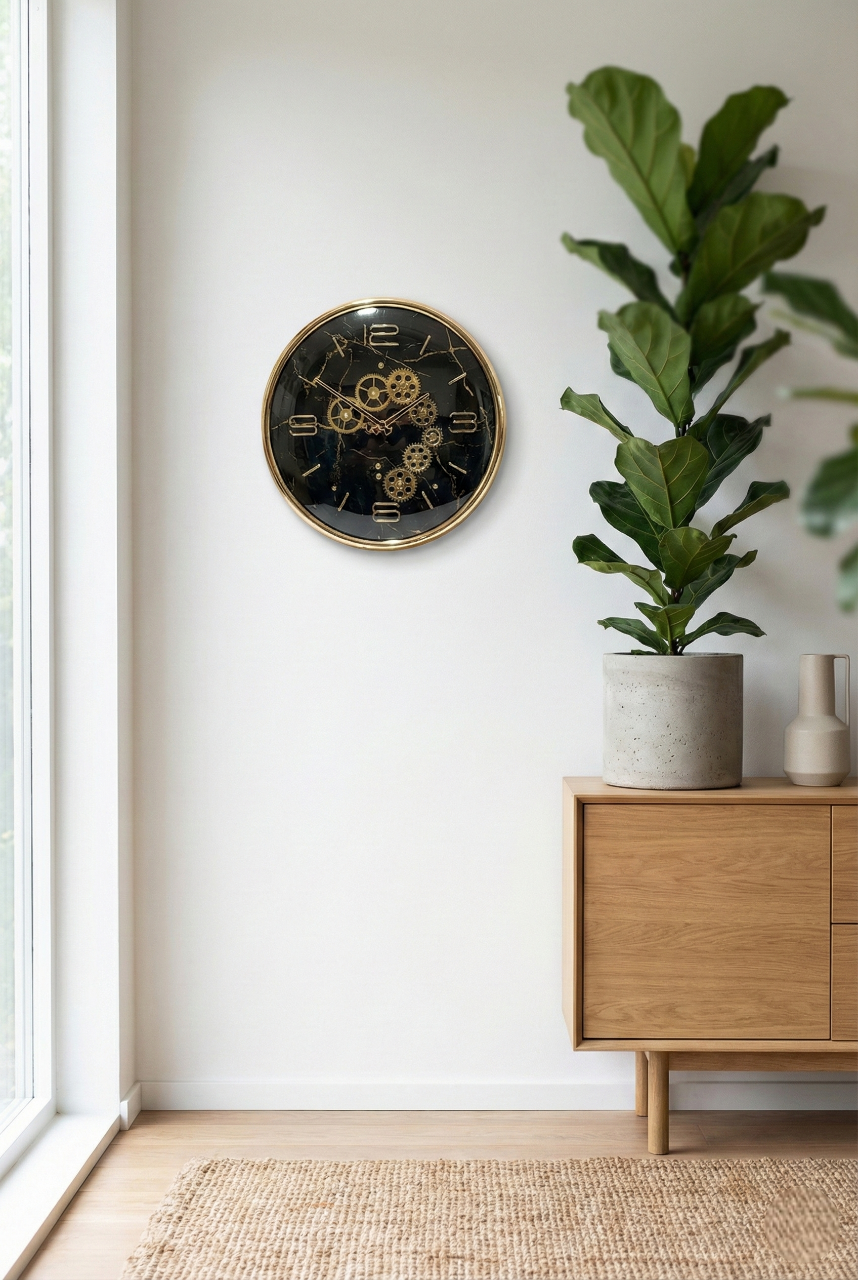 Black Gold wall clock with gear design on a marble wall