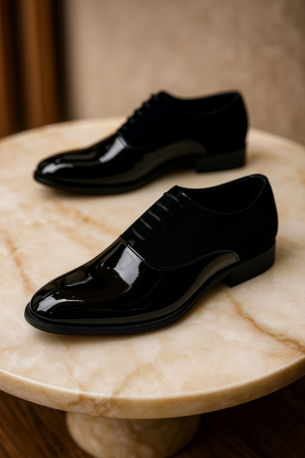 Black Oxford Shoes for Men – Patent Leather and Suede Faux Leather Design
