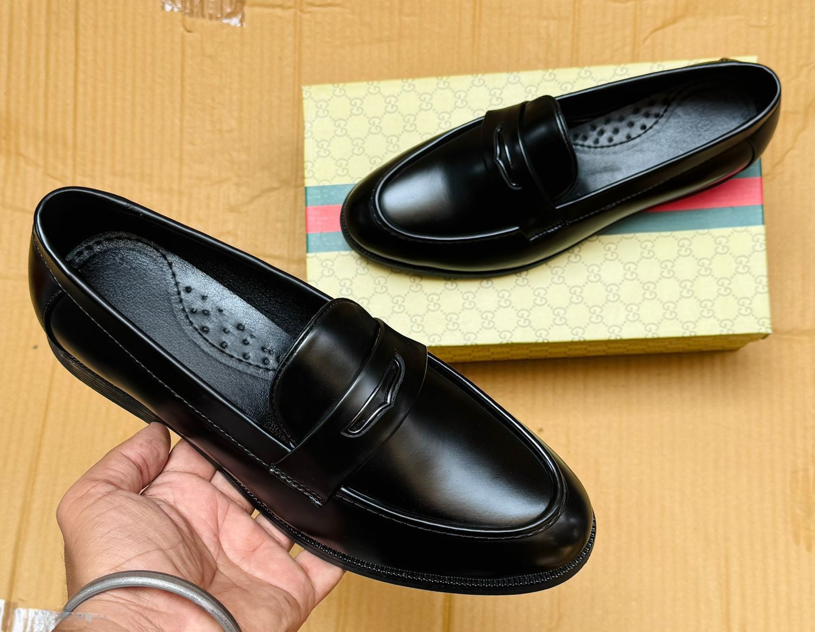 Black Penny Loafers for Men on Decorative Shoe Box - FunkyTradition