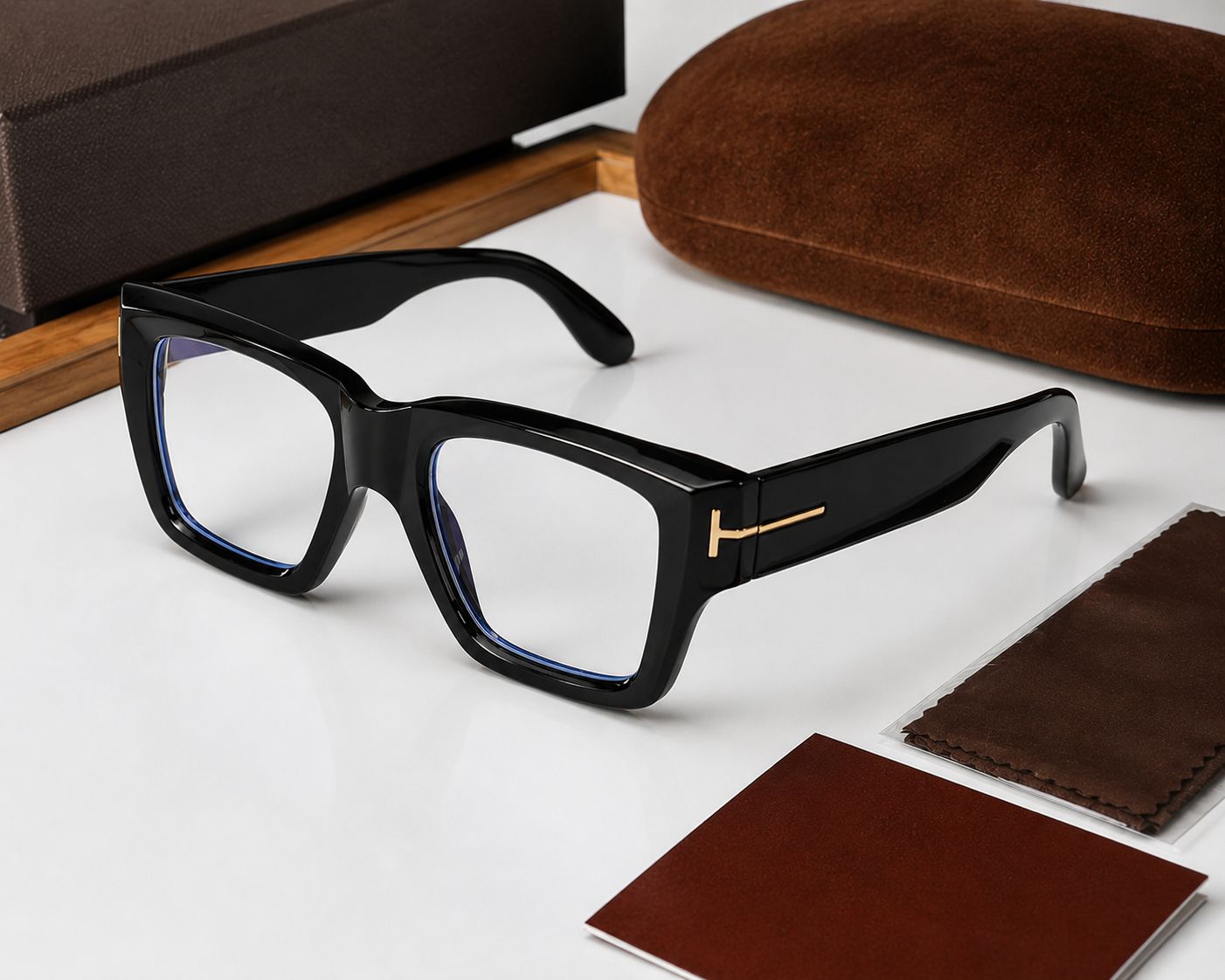 Black acetate square eyeglasses with a gold-tone T-shaped logo on the temple, displayed on a white surface with a brown velvet case, a lens cleaning cloth, and a box in the background.