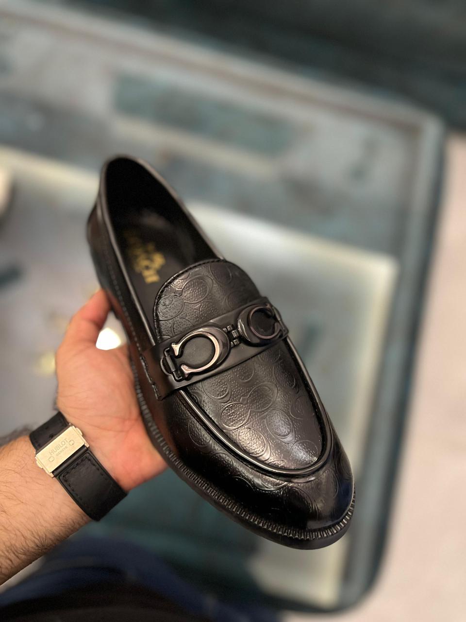 Black and Brown Embossed Leather Moccasins with Buckle Design Shoes for Men by FunkyTradition