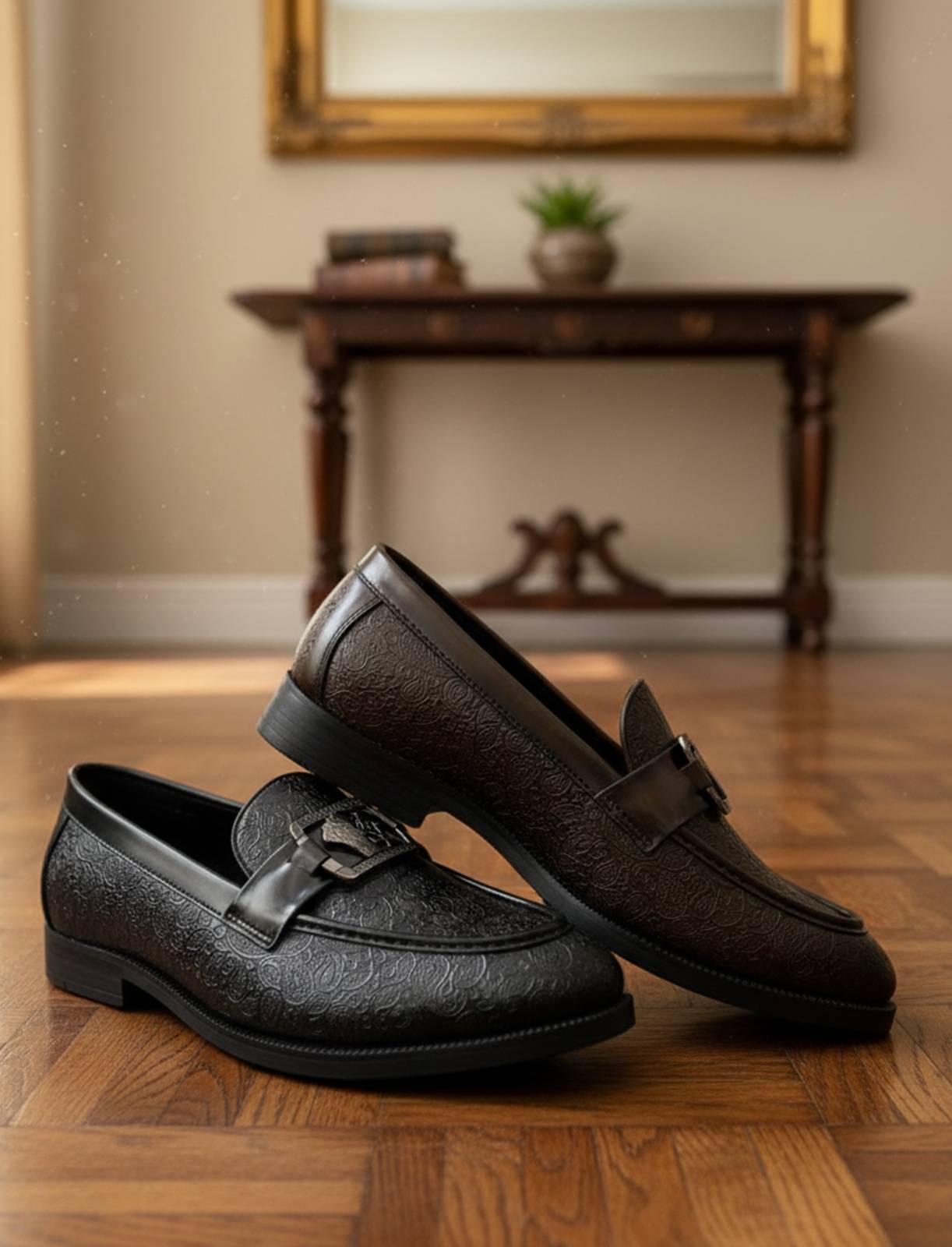 Black and Brown FunkyTradition Loafers side-by-side, comparison shot.