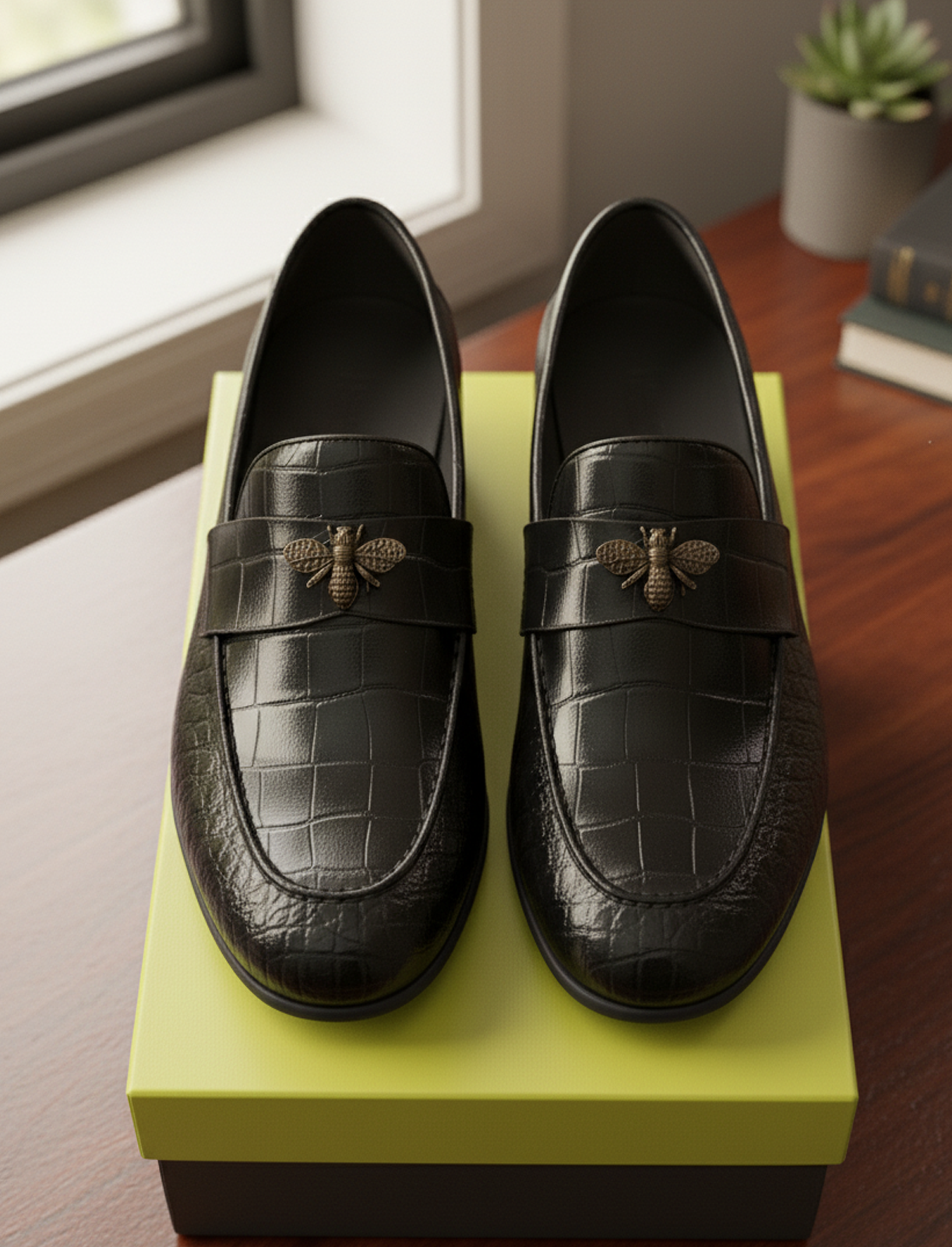 Black crocodile-embossed men's loafers with a gold bee metal embellishment on a neon yellow box.