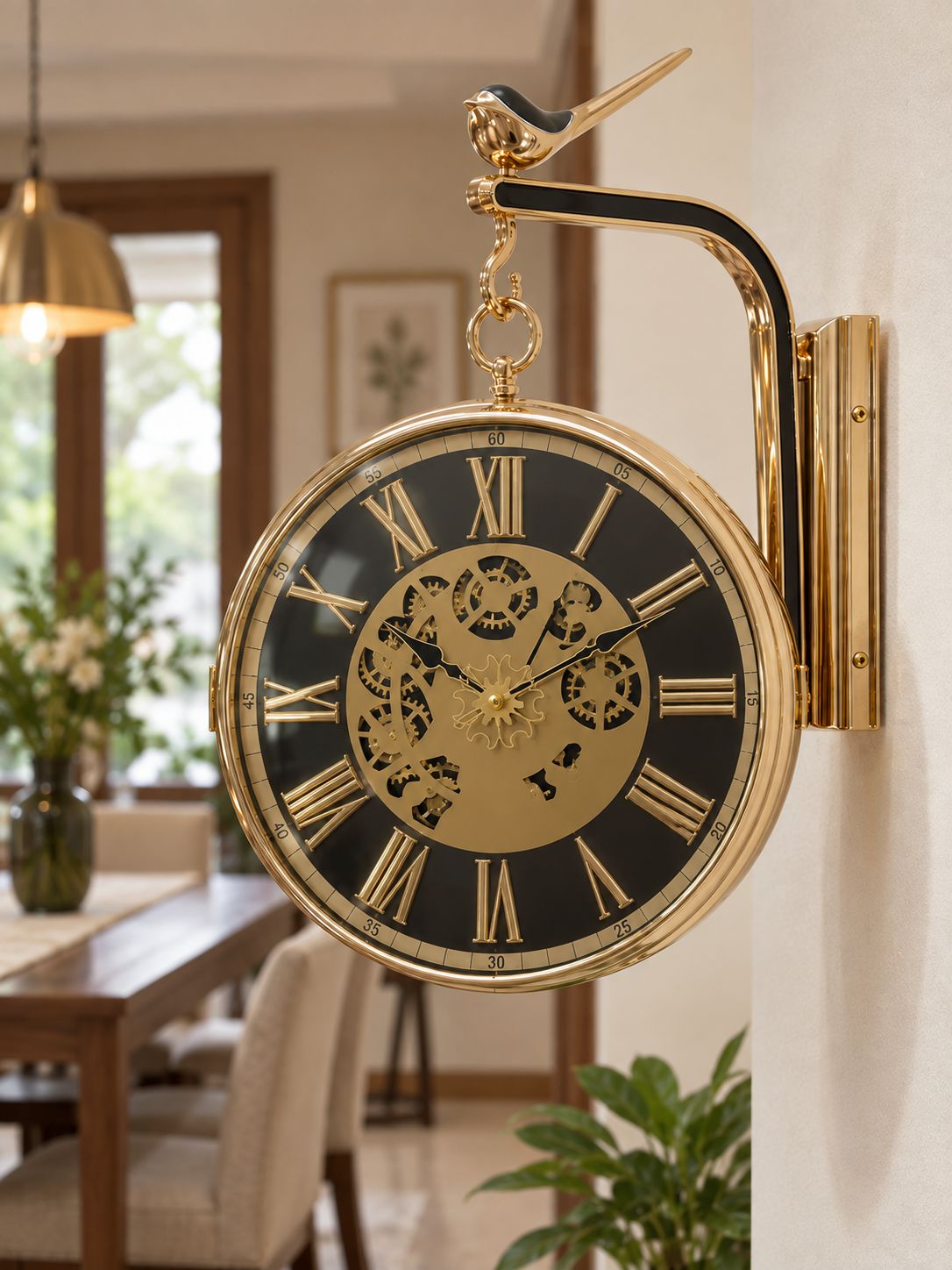 Black dual-sided wall clock with Roman numeral dial and working gear detail