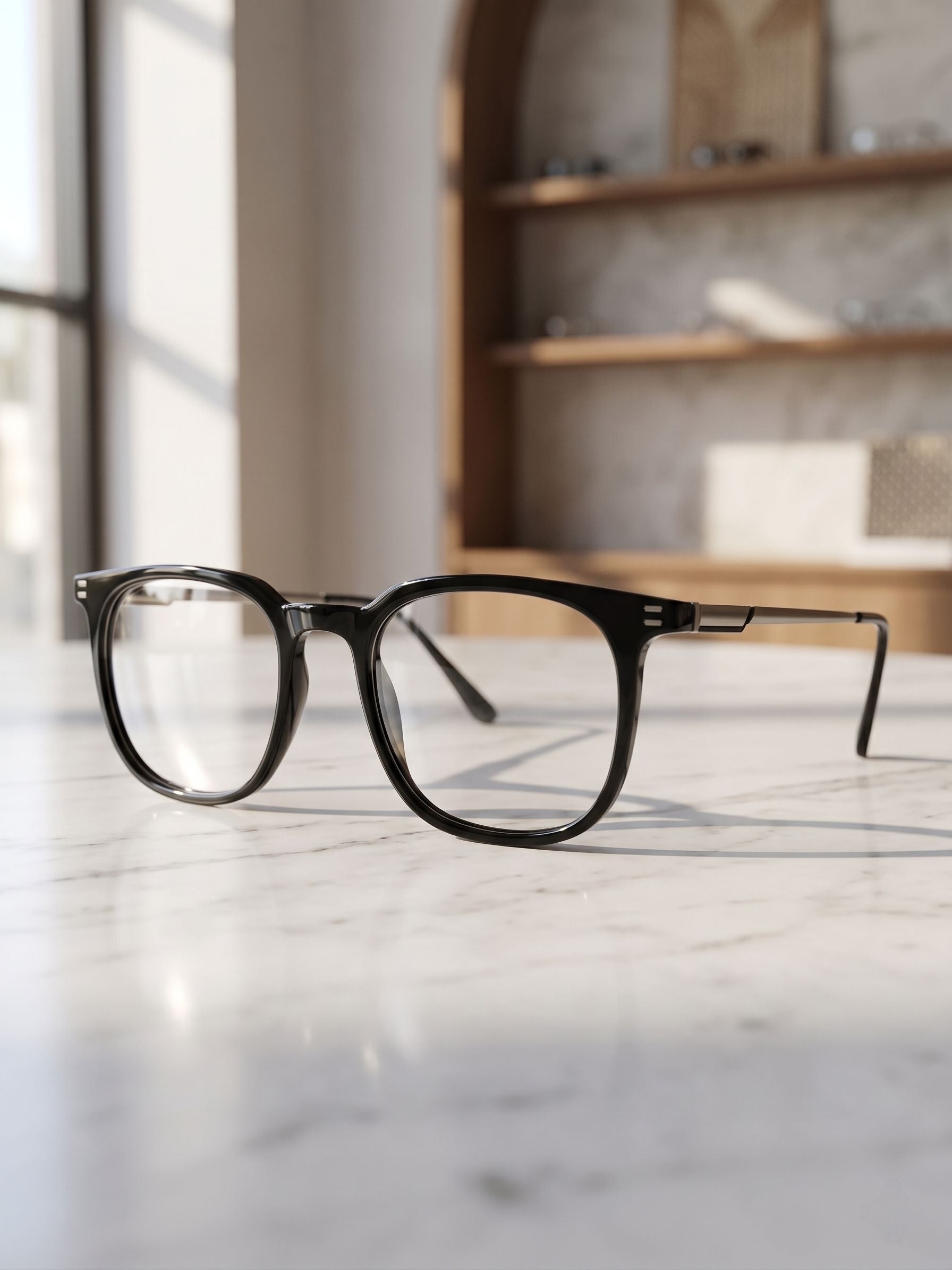 Black eyeglasses on a marble surface with a blurred indoor background