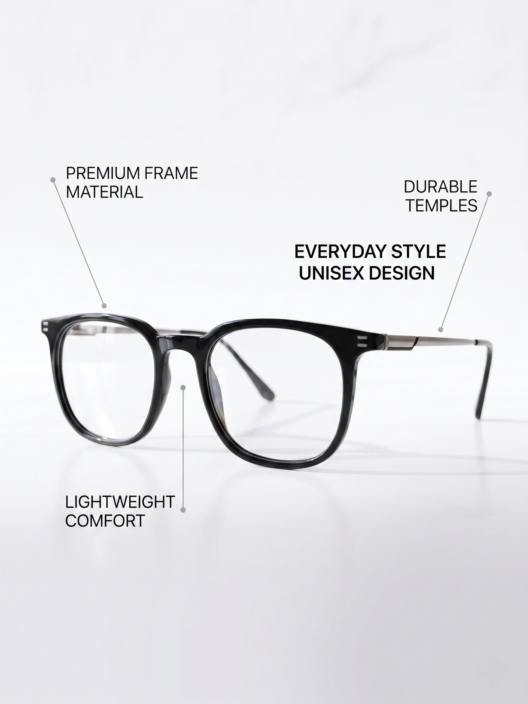 Black eyeglasses with text highlighting features on a white background