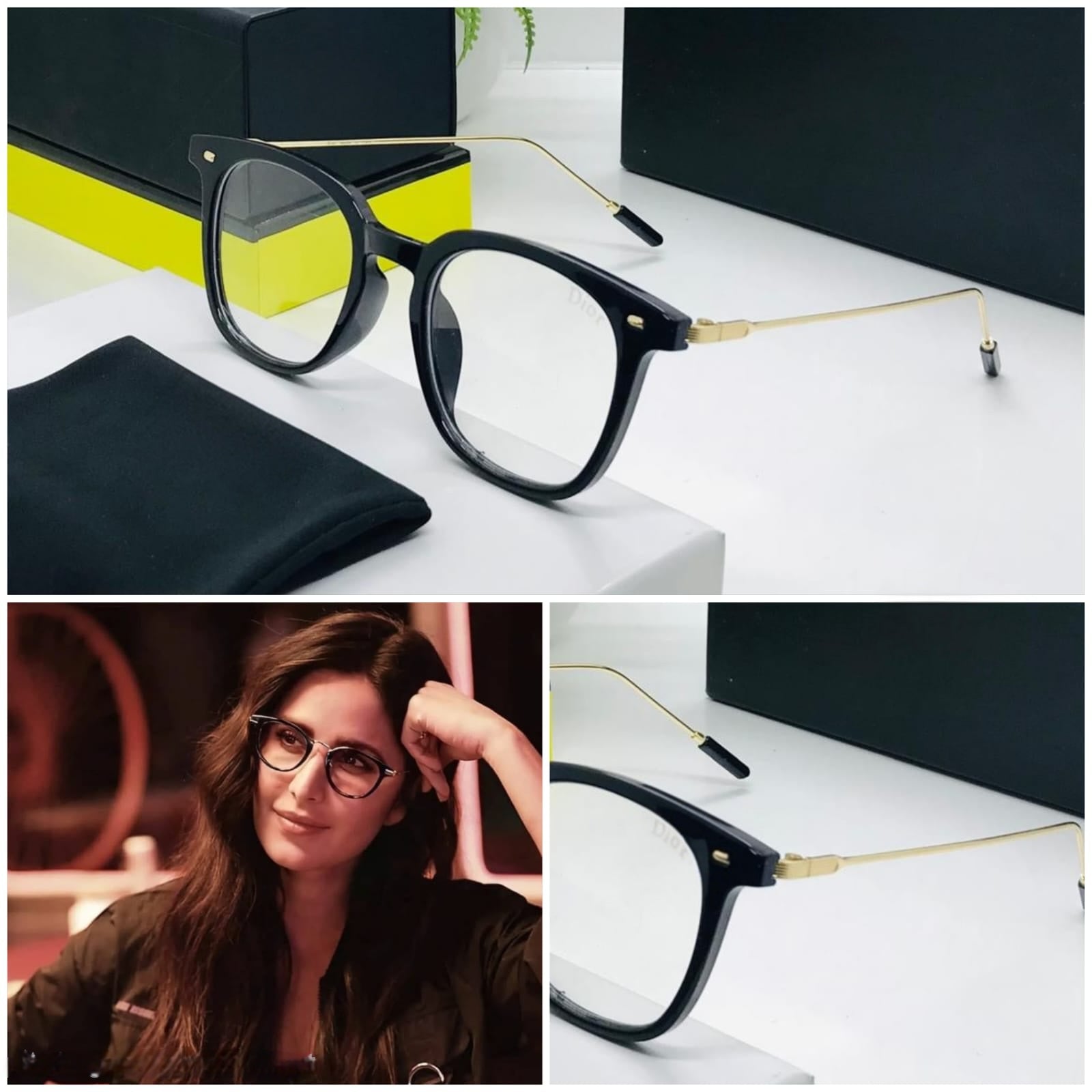 Black eyeglasses with thin gold metal temples, shown next to a picture of Katrina Kaif wearing a similar frame style
