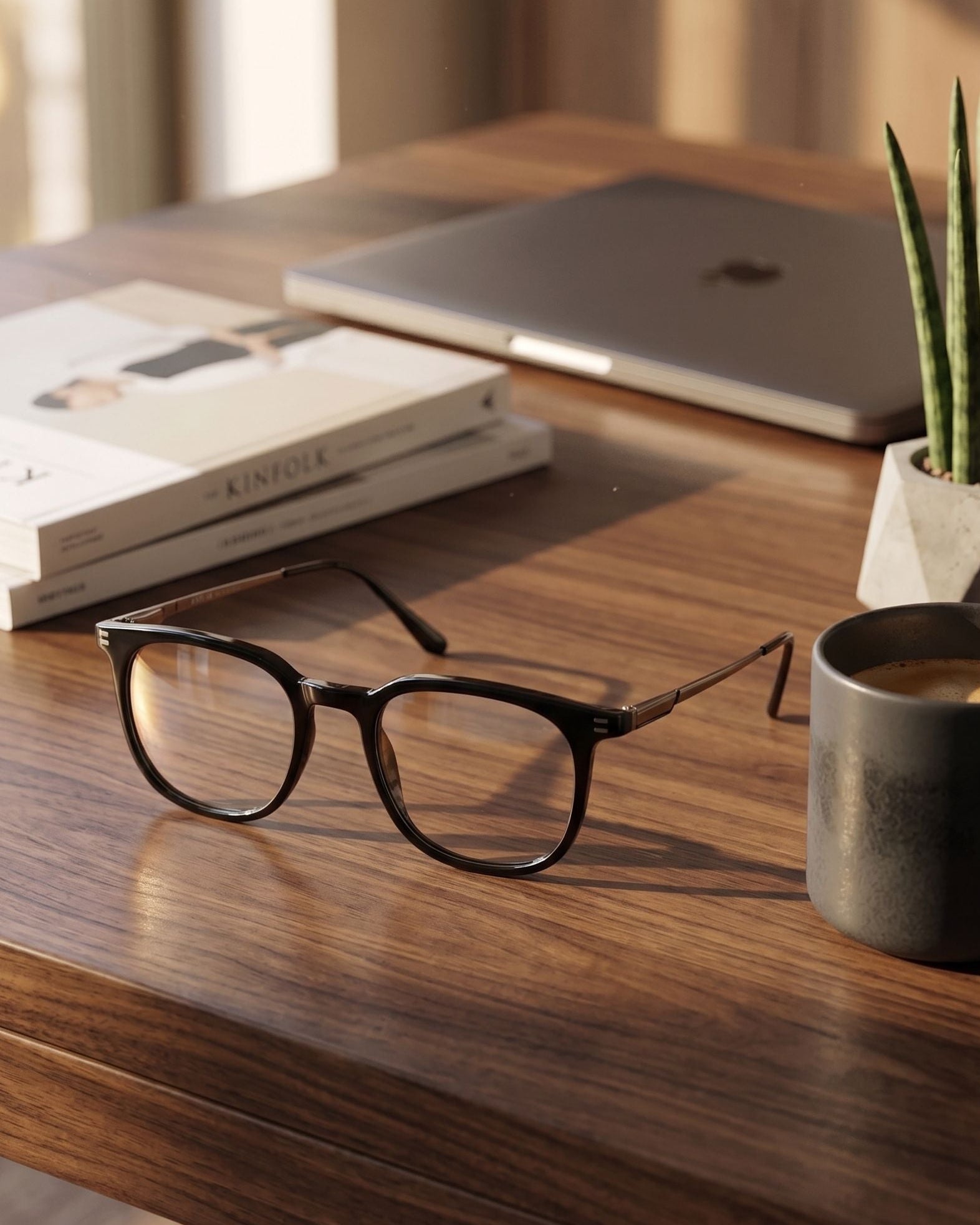 Black optical frame with sleek metal temples side angle