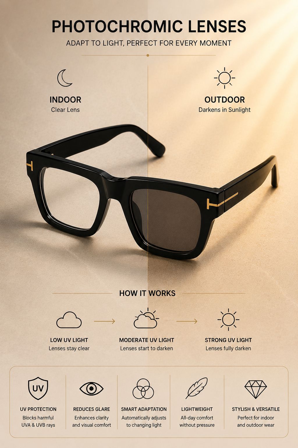 Black photochromic eyeglasses with gold accents on the temples, displayed on a textured beige background with informational text about photochromic lenses and feature icons.