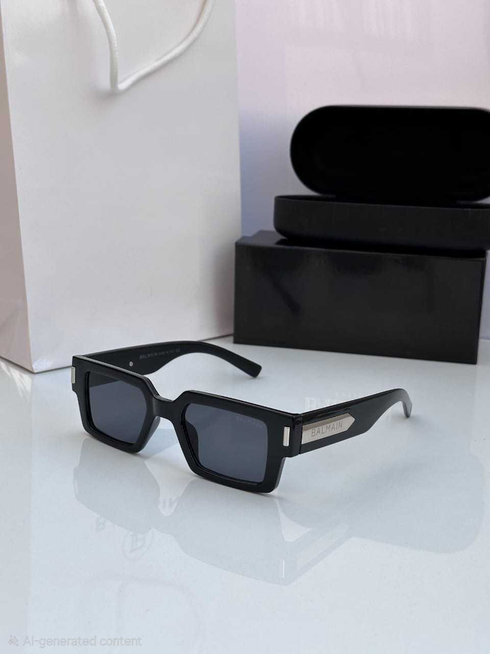 Black rectangle sunglasses showing the narrow frame and arrow-shaped side detail.