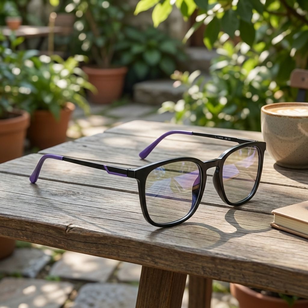 Black square eyeglasses on wooden table lifestyle product photography