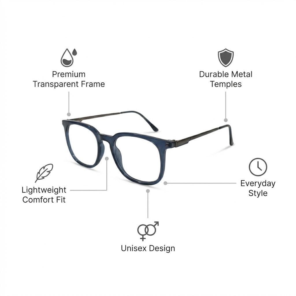Blue eyeglasses with features listed on a white background
