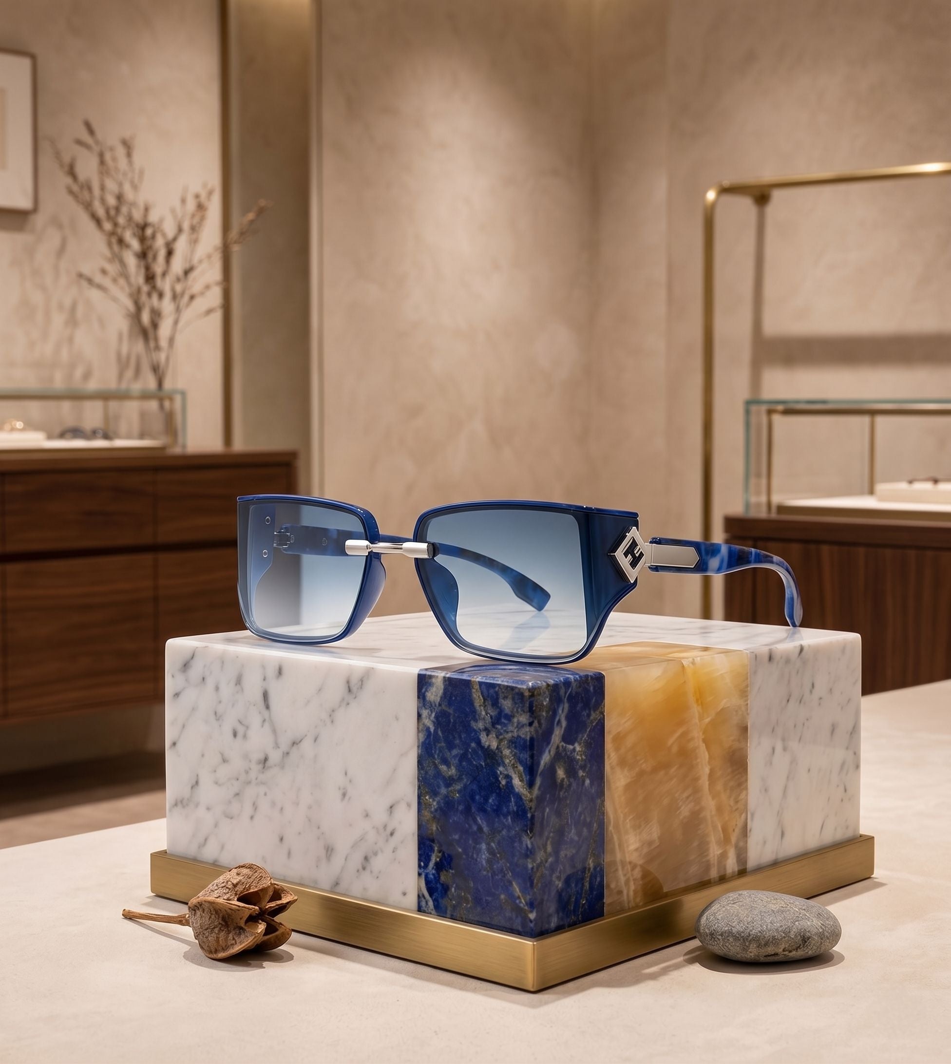 Blue sunglasses on a marble and stone display block in an elegant interior setting.