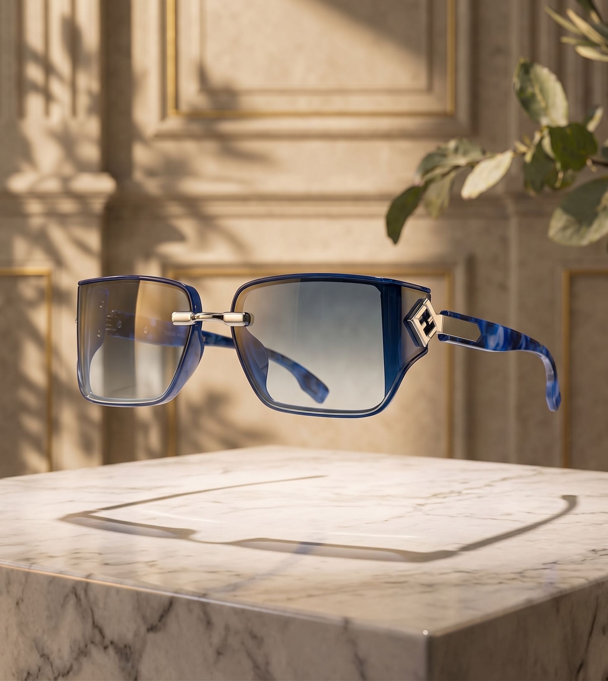 Blue sunglasses on a marble surface with a decorative wall in the background