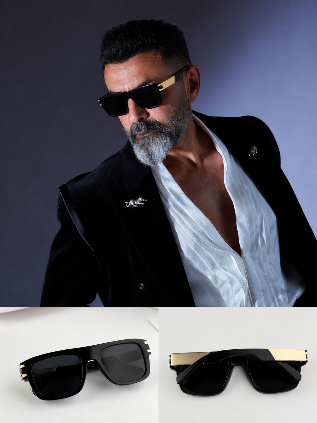 Bobby Deol wearing sunglasses with a dark background and close-up of sunglasses below.