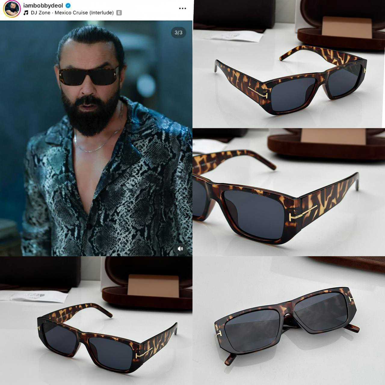 Bollywood actor Bobby Deol wearing tortoiseshell rectangle sunglasses.