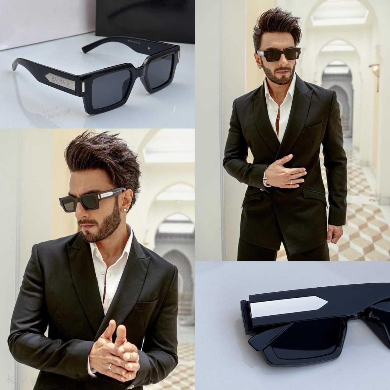 Bollywood actor Ranveer Singh wearing bold black rectangle sunglasses in a black suit.