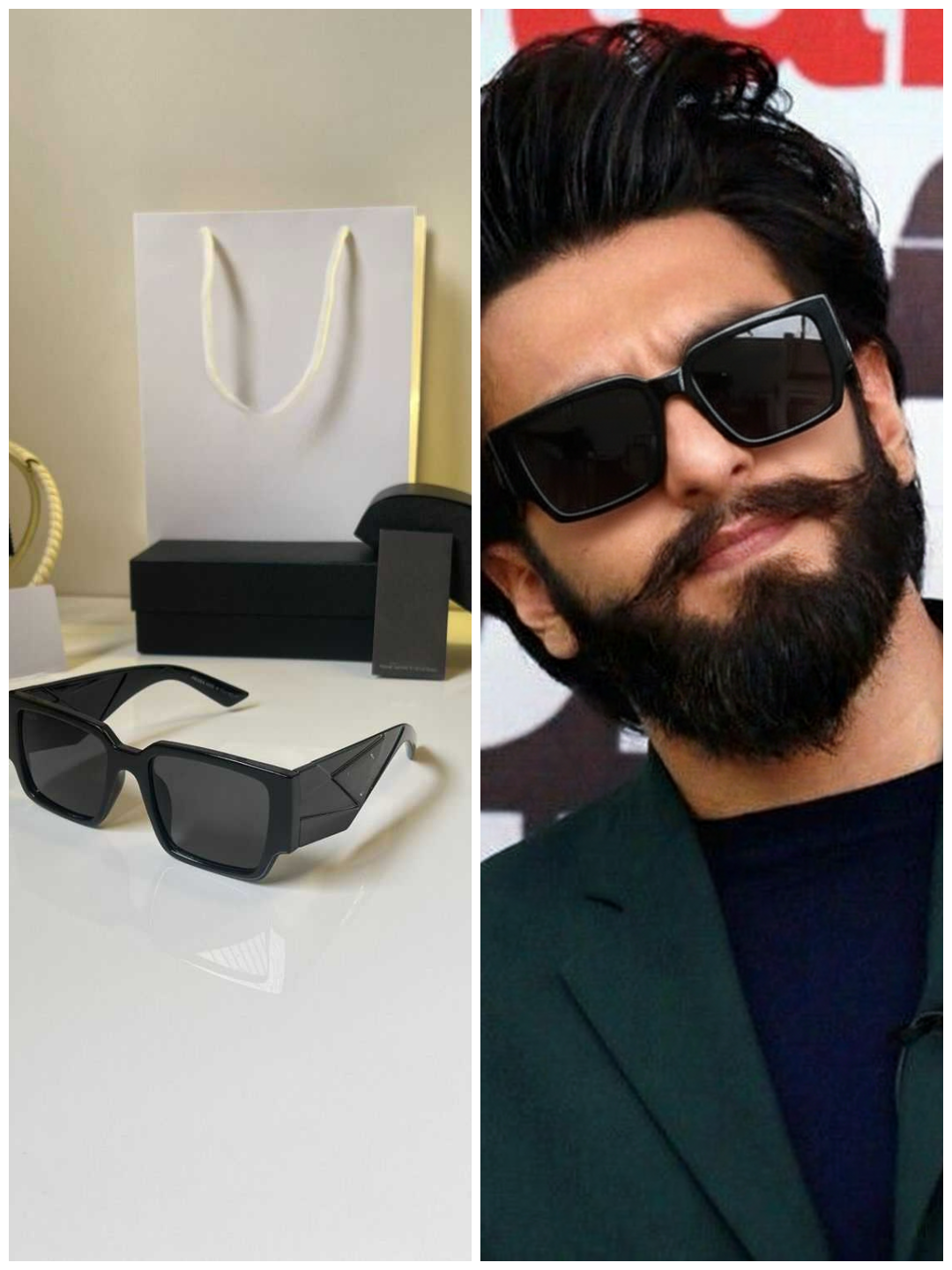 Bollywood actor Ranveer Singh wearing ultra-bold black angular rectangle sunglasses.