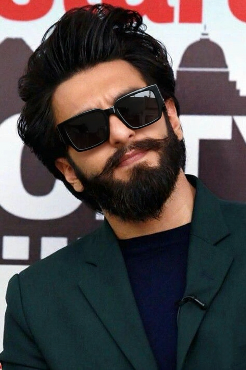 Bollywood actor Ranveer Singh wearing ultra-bold black angular rectangle sunglasses.