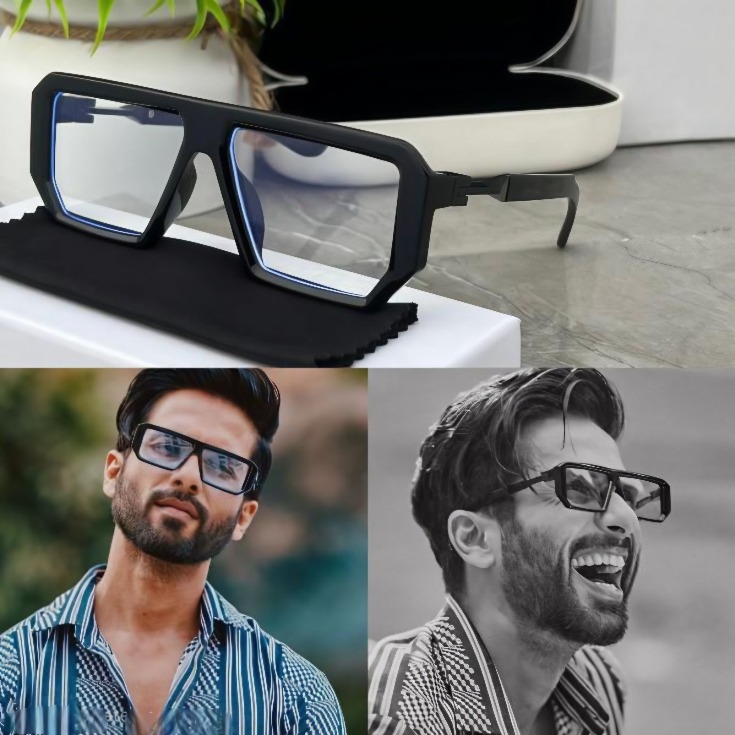 Bollywood actor Shahid Kapoor wearing bold black chunky eyeglasses with striped shirt.