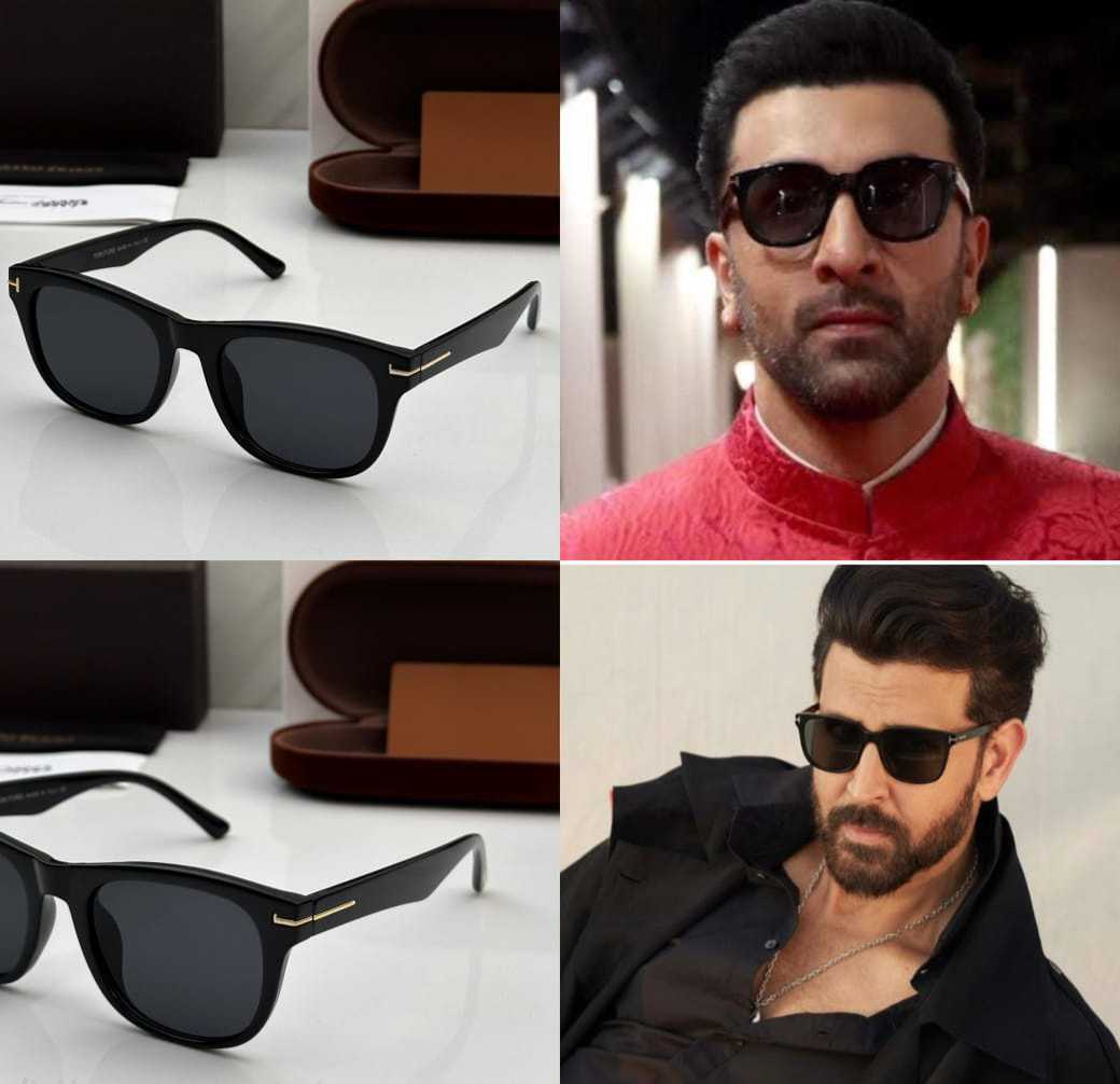 Bollywood actors Ranbir Kapoor and Hrithik Roshan wearing black square sunglasses.