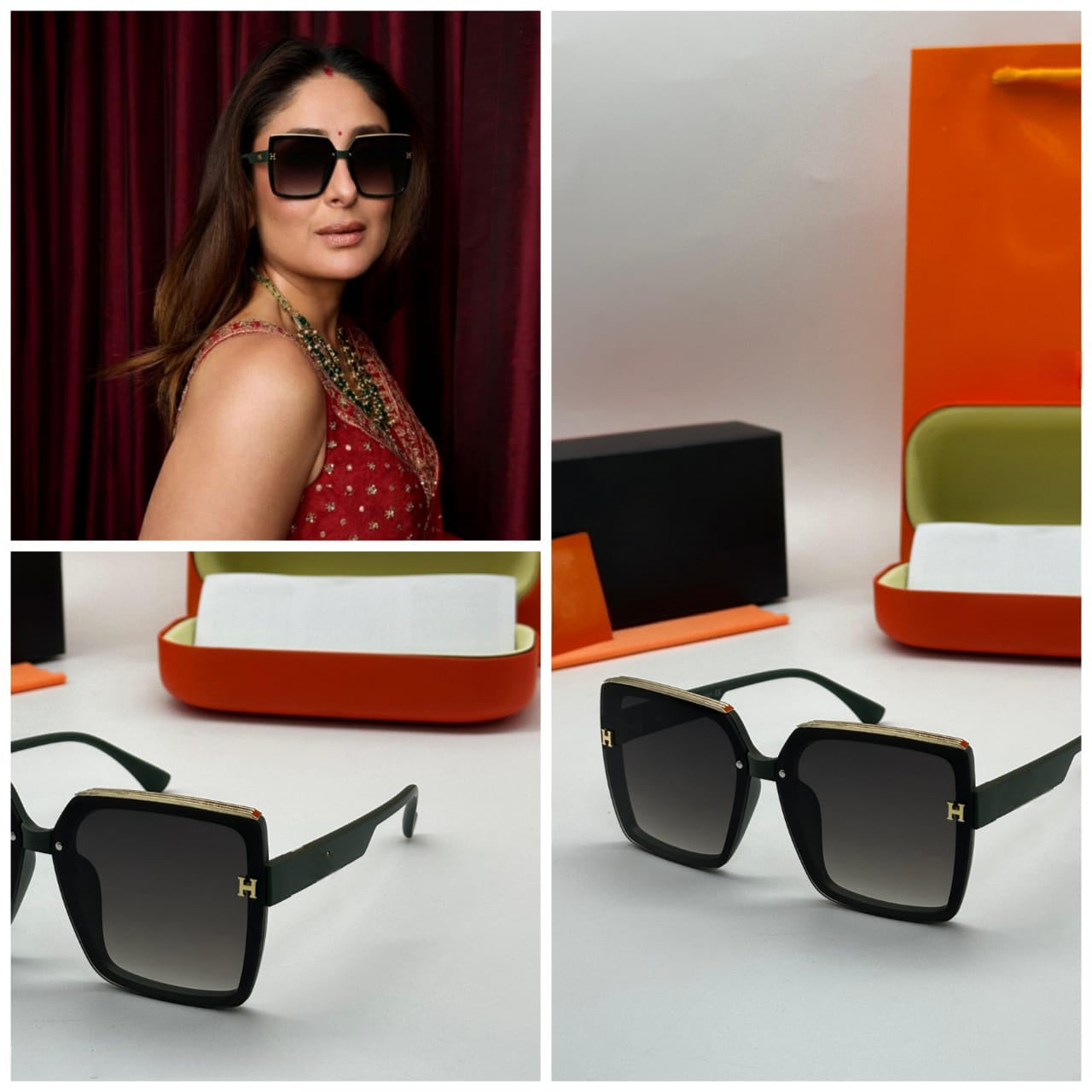 Bollywood actress Kareena Kapoor wearing oversized square sunglasses, next to the Black/Gold variant