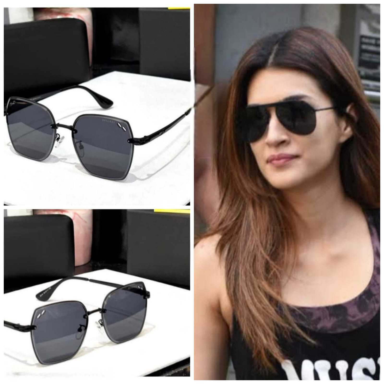 Bollywood actress Kriti Sanon wearing stylish black sunglasses, next to the product image for style reference.