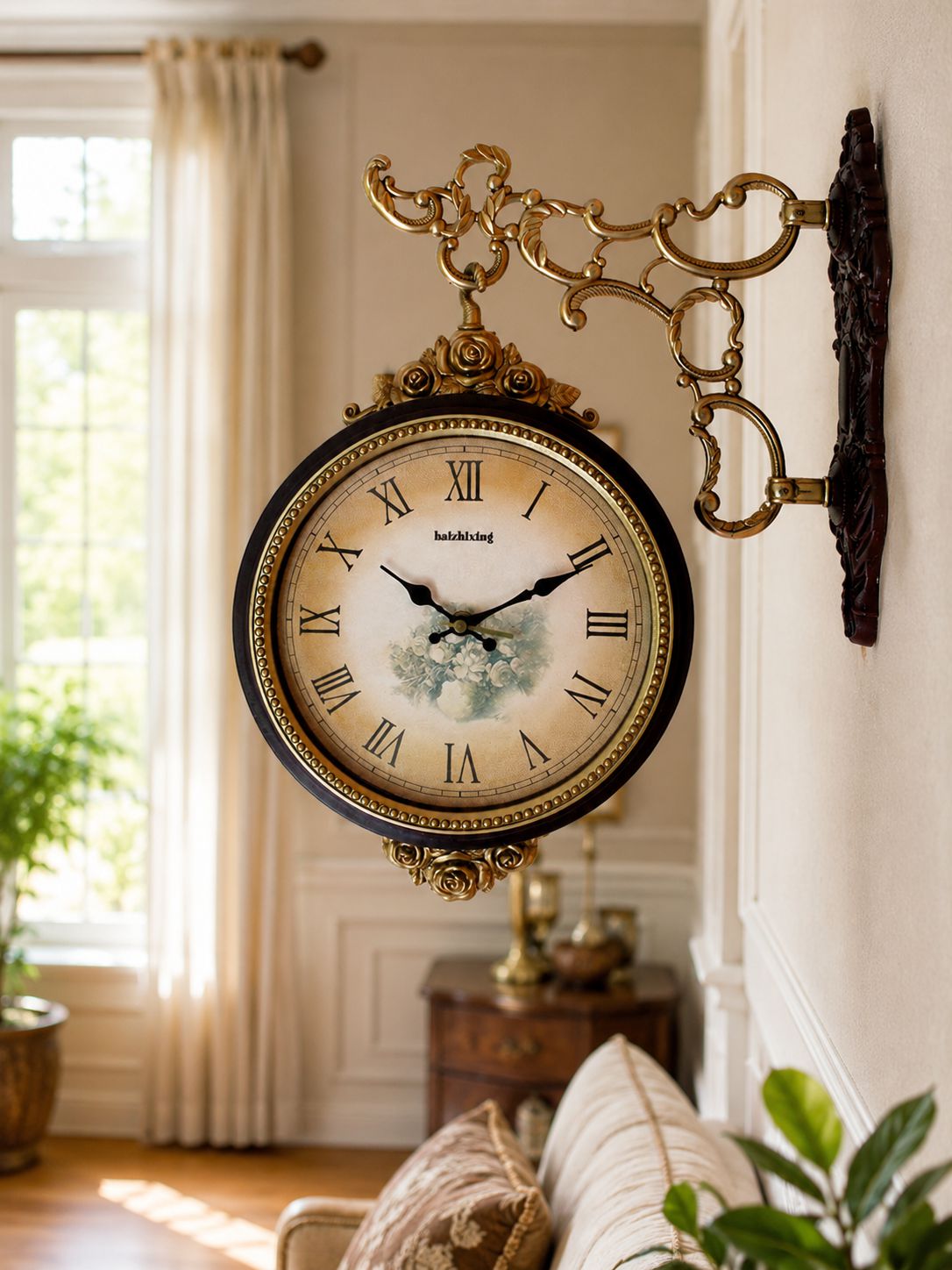 Brown antique double-sided wall clock with Roman numeral dial and ornate gold bracket in elegant living room