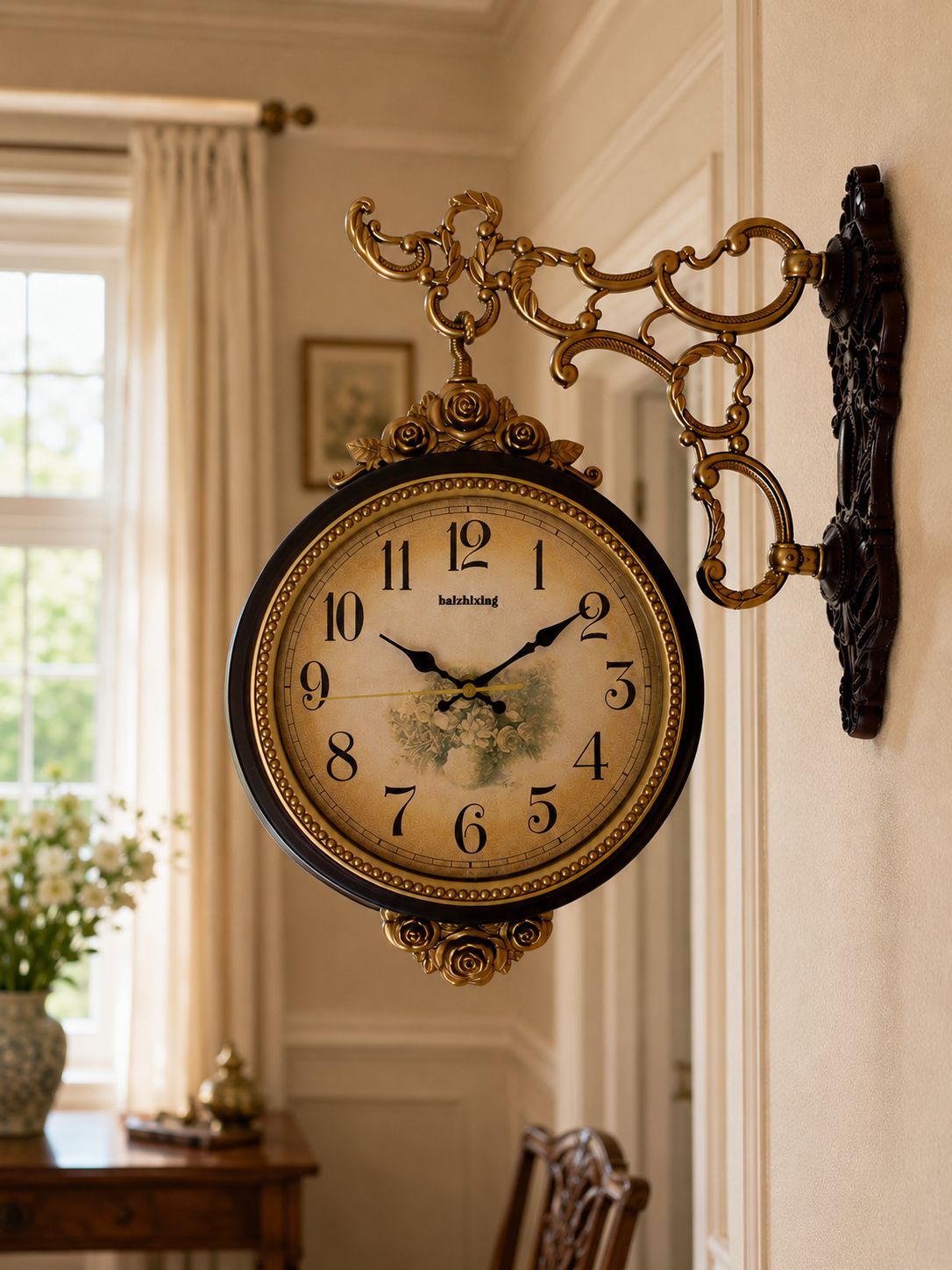 Brown double-sided decorative wall clock displayed in elegant traditional home interior