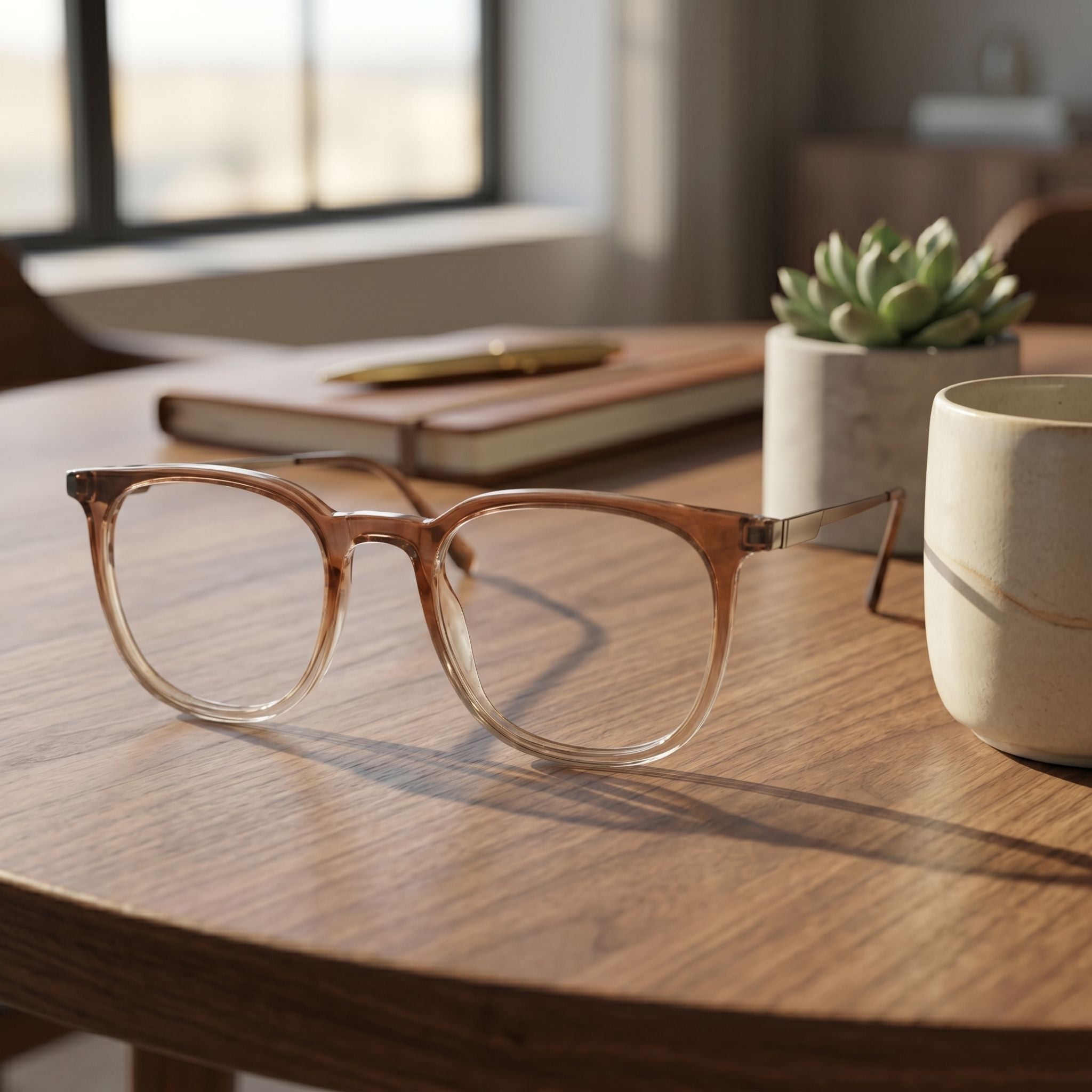 Brown eyeglasses on a wooden table with a book, plant, and mug in the background.