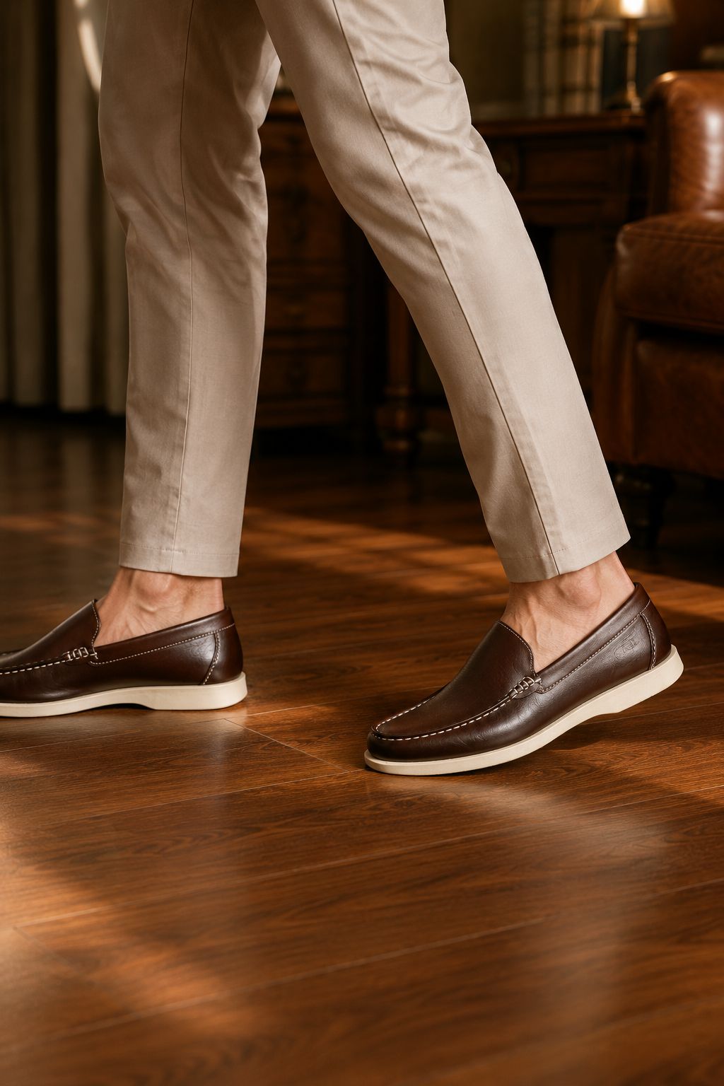 Brown loafers worn with beige pants on a wooden floor.