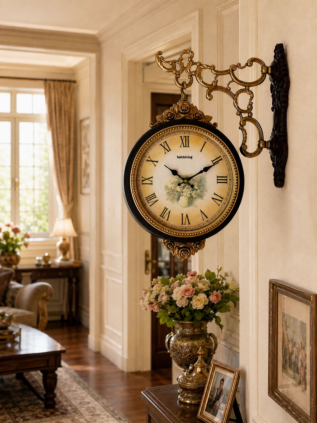 Brown ornate antique wall clock with Roman numerals and gold floral detailing mounted on wall