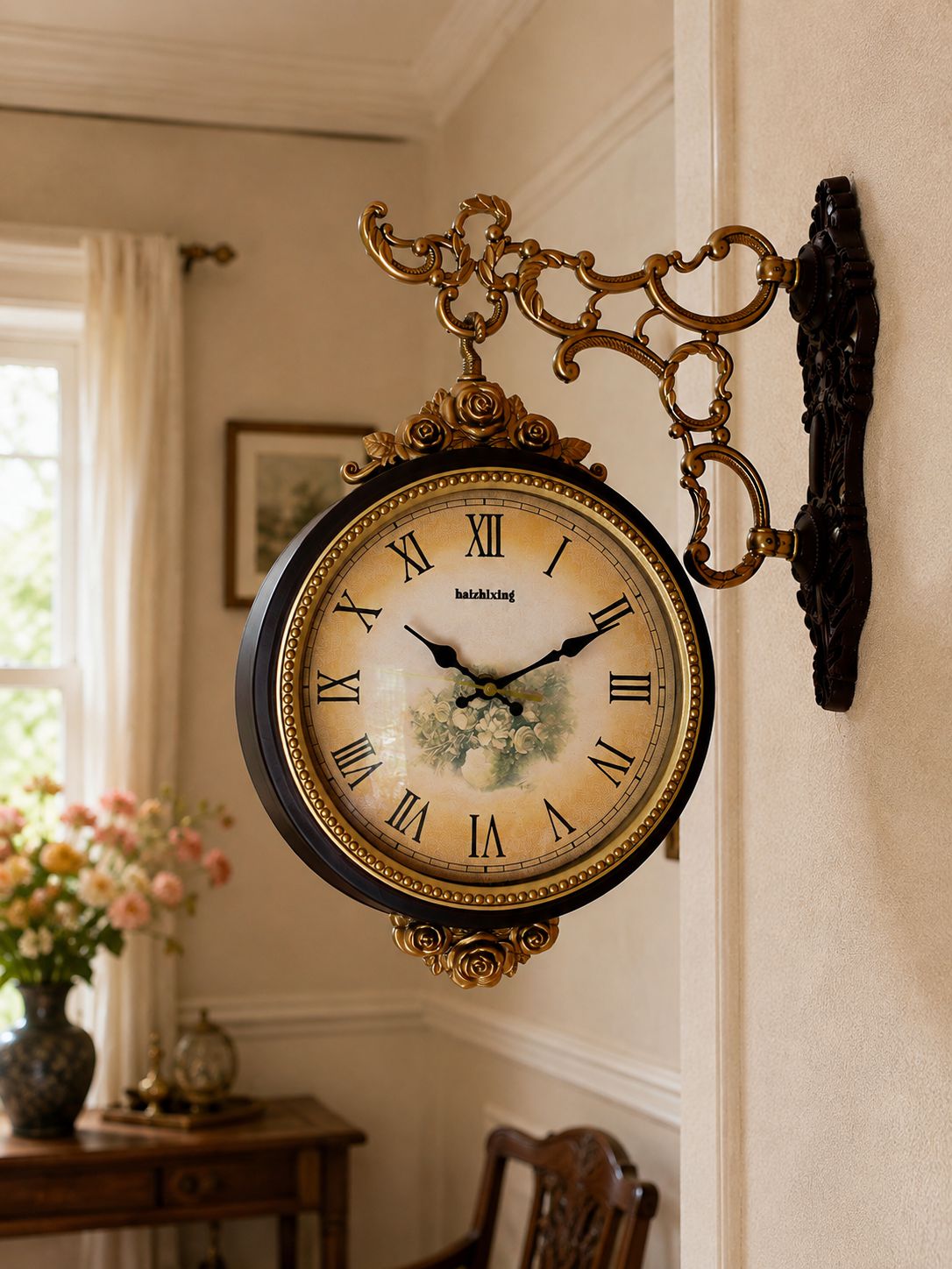 Brown ornate vintage wall clock with Arabic numeral dial and antique gold detailing