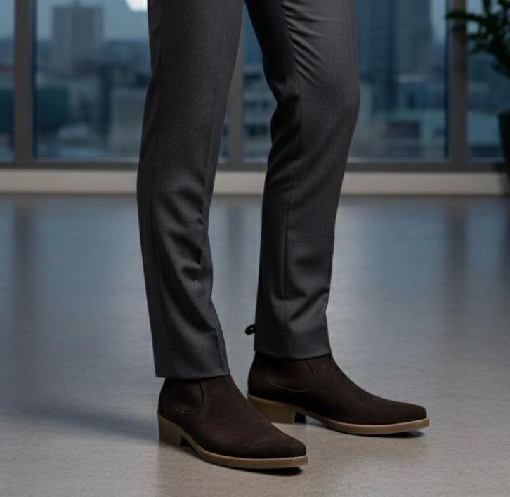Brown suede shoes worn with gray pants in an indoor setting