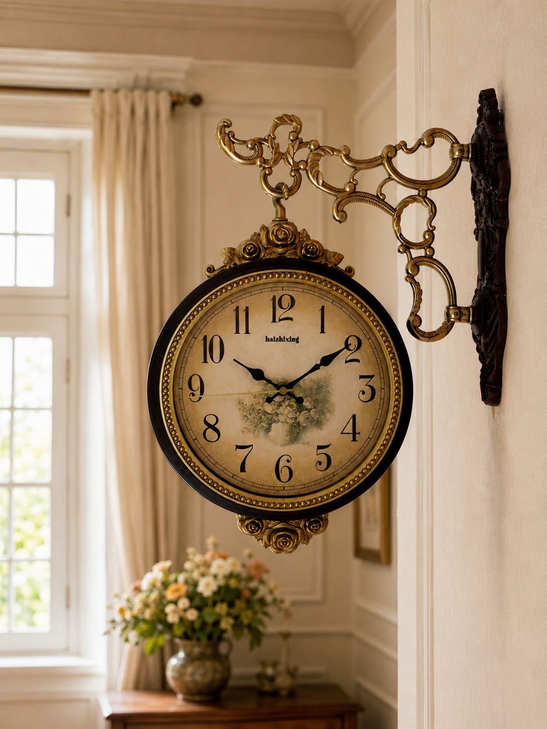Brown vintage double-sided wall clock with Arabic numeral dial and antique gold decorative wall mount