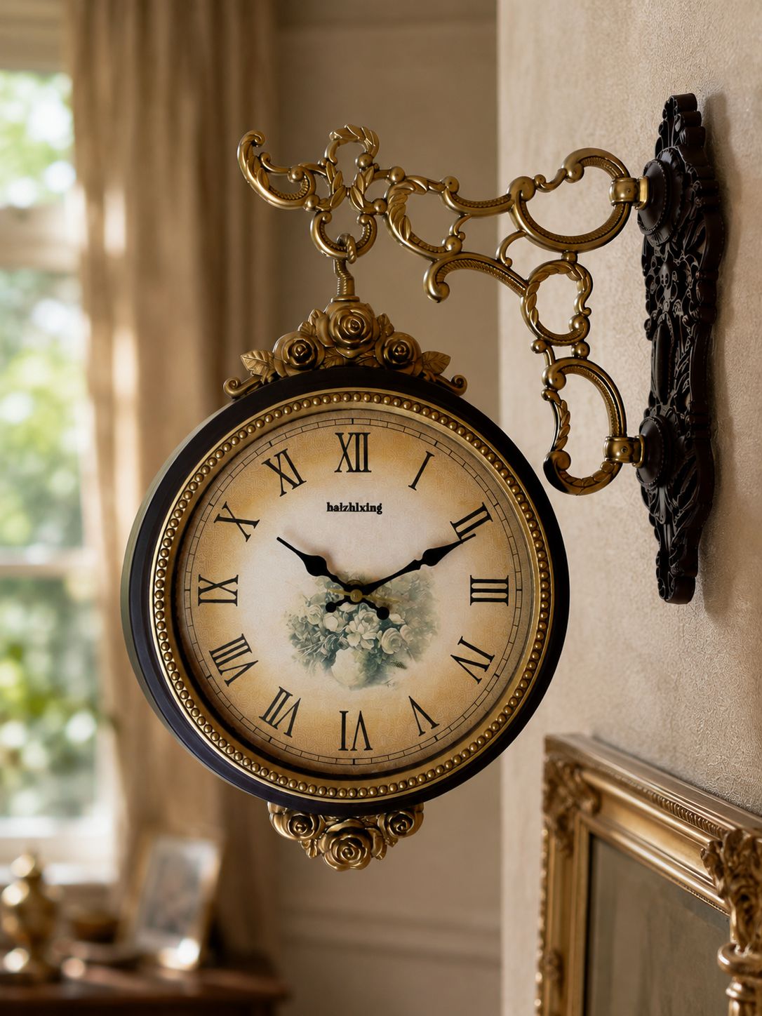 Brown vintage wall clock with Roman numeral face, antique gold scrollwork and floral ornamentation