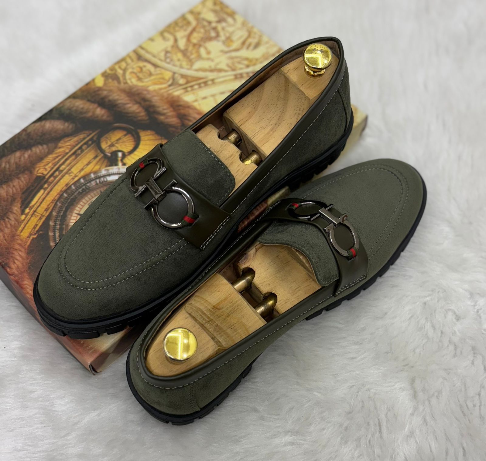 Buckle Design Suede Moccasins Shoes in Black Green Grey Brown and Tan For Partywear and Casual Wear-FunkyTradition