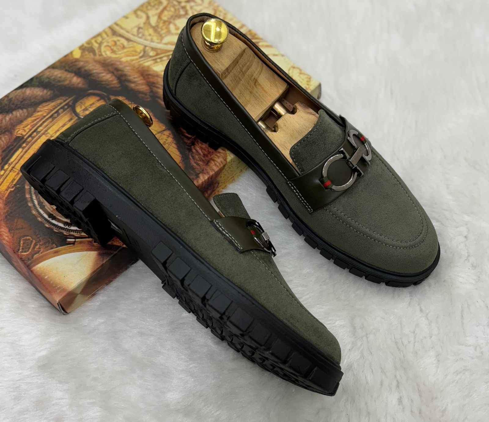 Buckle Design Suede Moccasins Shoes in Black Green Grey Brown and Tan For Partywear and Casual Wear-FunkyTradition