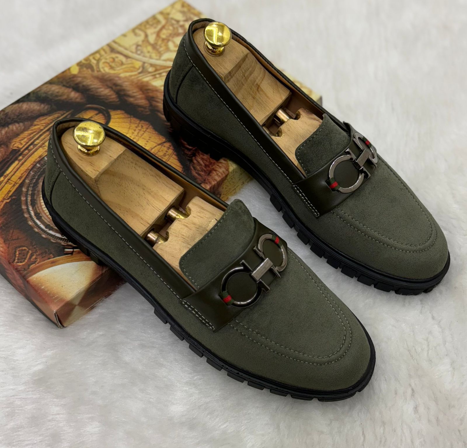 Buckle Design Suede Moccasins Shoes in Black Green Grey Brown and Tan For Partywear and Casual Wear-FunkyTradition