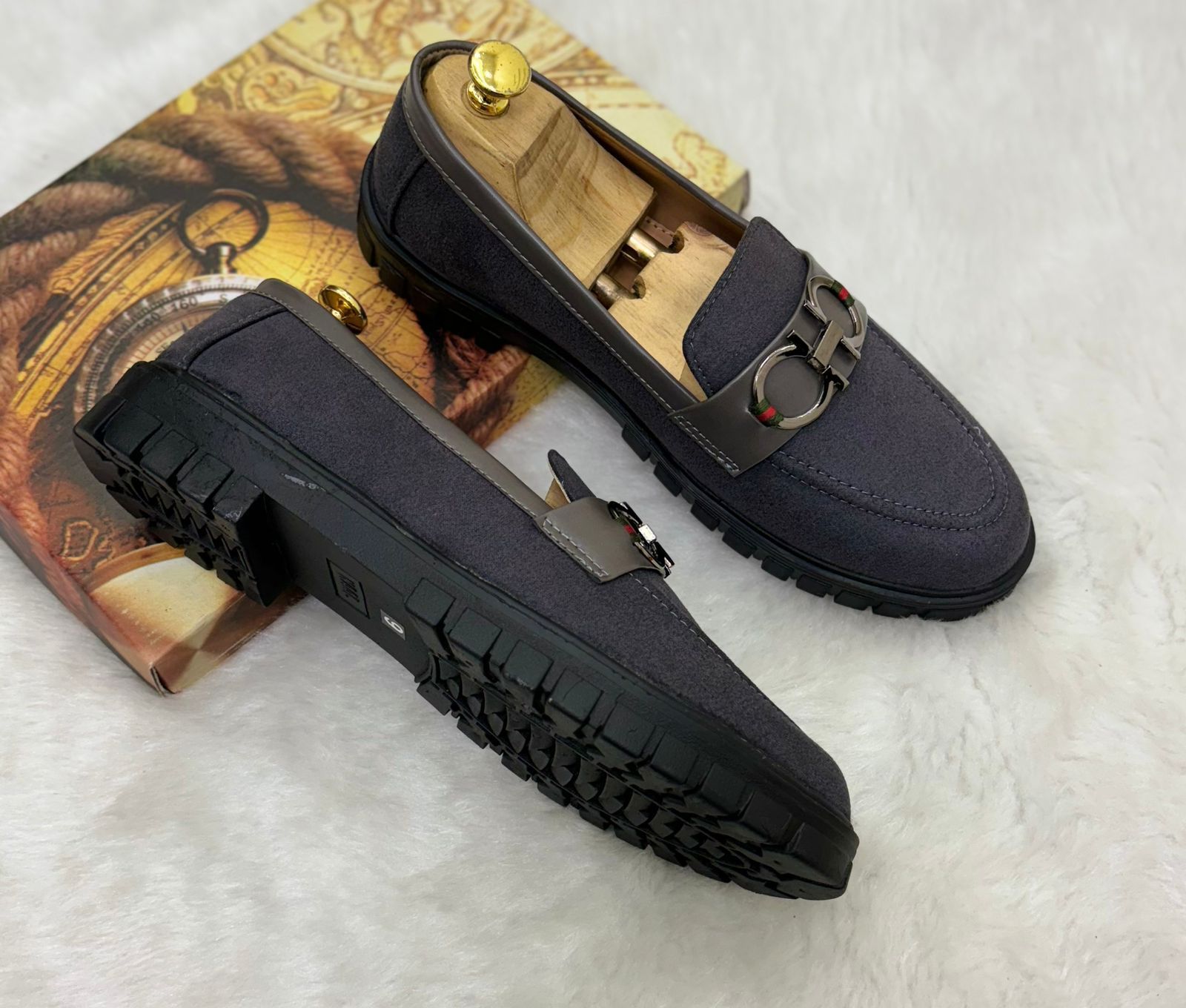 Buckle Design Suede Moccasins Shoes in Black Green Grey Brown and Tan For Partywear and Casual Wear-FunkyTradition