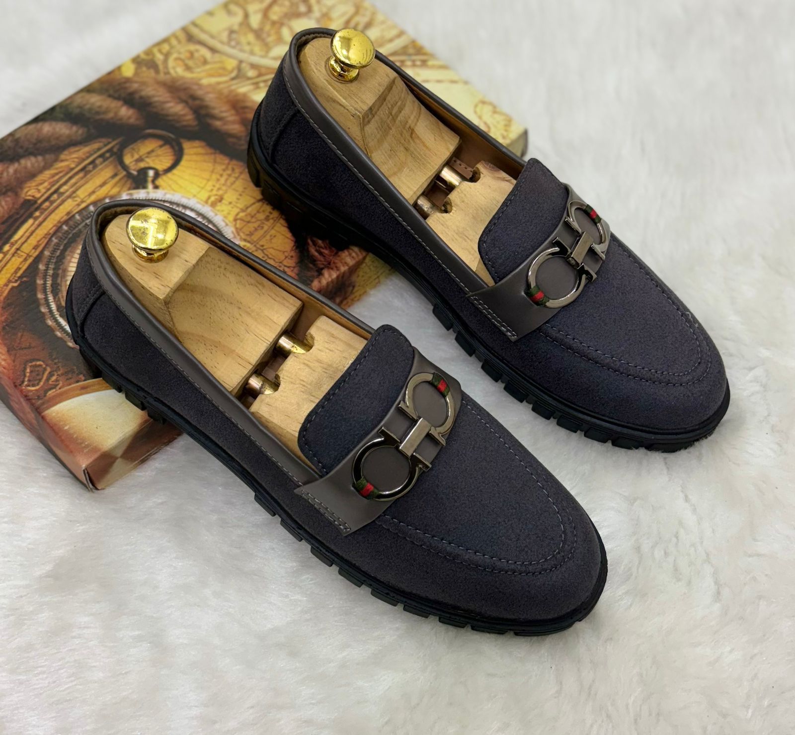 Buckle Design Suede Moccasins Shoes in Black Green Grey Brown and Tan For Partywear and Casual Wear-FunkyTradition
