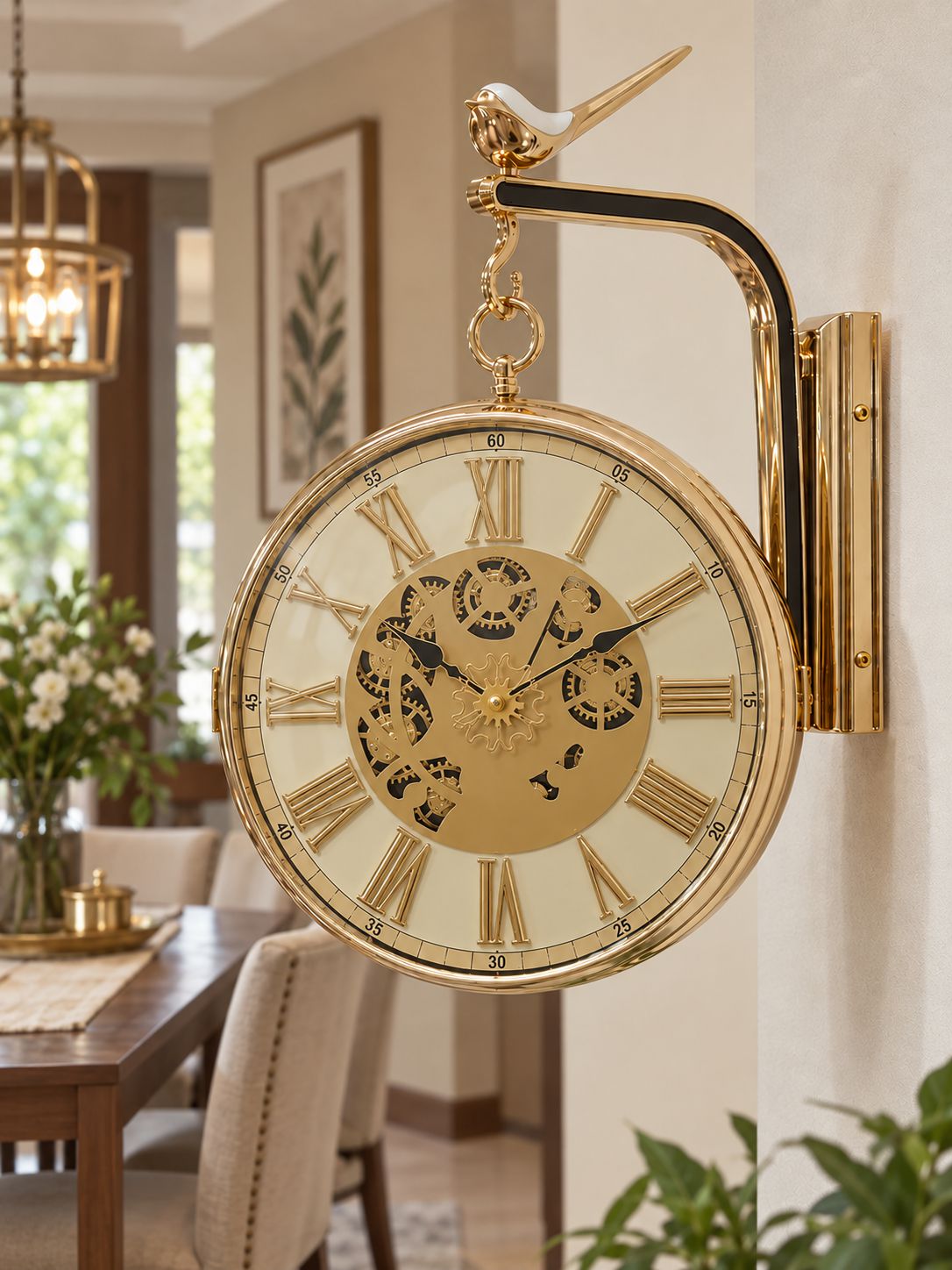 Champagne dual-sided wall clock with Roman numeral dial and decorative working gears