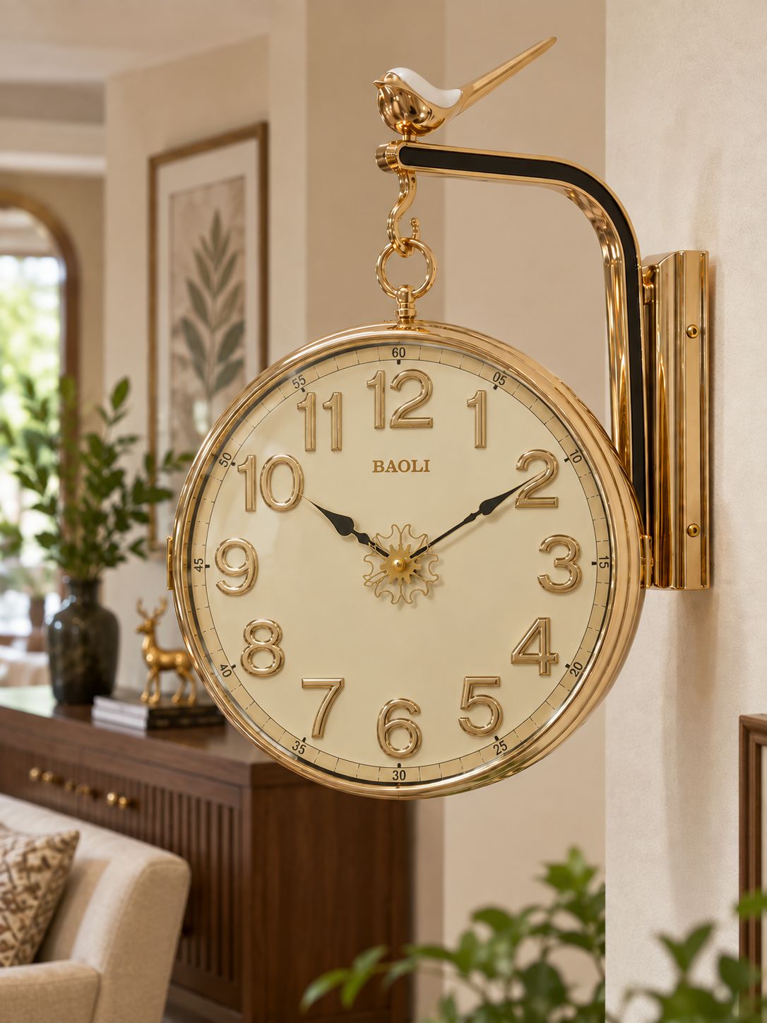 Champagne rotating dual-sided wall clock with Arabic numeral dial and gold-tone finish
