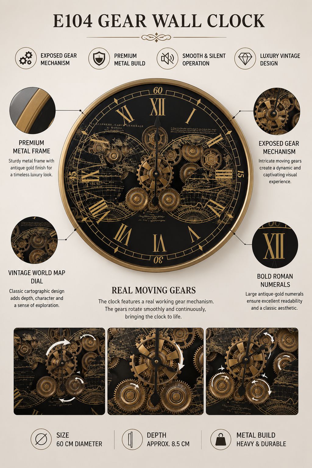 Luxury 60 CM Exposed Gear Wall Clock | Antique Gold Metal Statement Clock