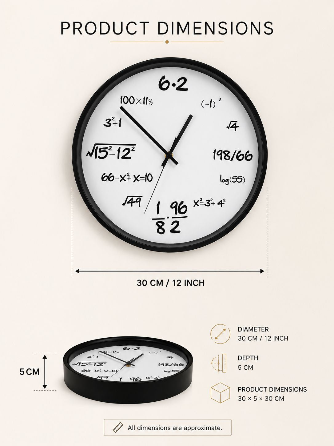 Product dimensions diagram for a round wall clock with a black frame and white face featuring mathematical equations as hour markers. The image shows the clock from the front with dimensions labeled as 30 cm / 12 inch in diameter, plus a smaller rear view showing 5 cm depth and overall product dimensions of 30 x 5 x 30 cm.