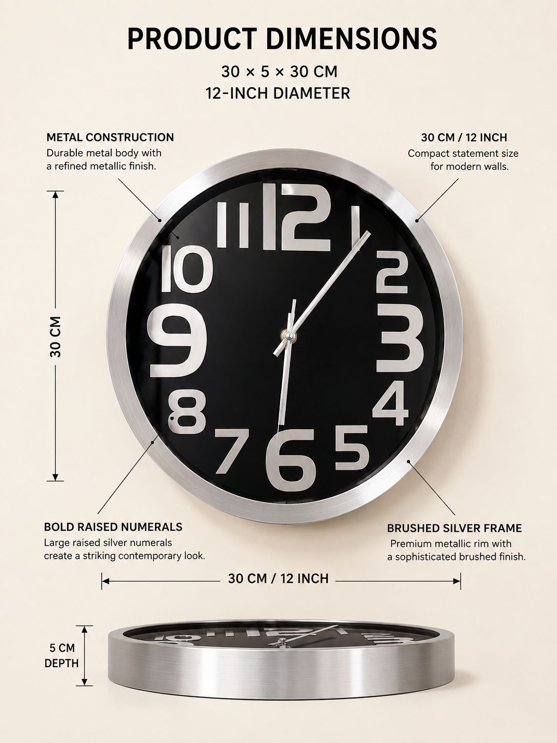 Premium 3-6-9-12 Vastu Wall Clock – 12 Inch Metal Wall Clock